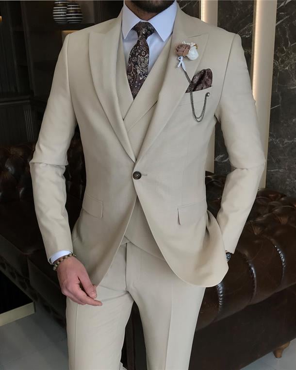 Italian style slim fit men's jacket vest pant suit beige T9114