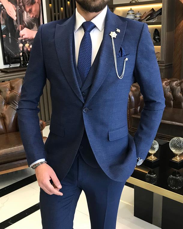 Italian Style Slim Fit Men's Jacket Vest Pants Suit Navy Blue T9033