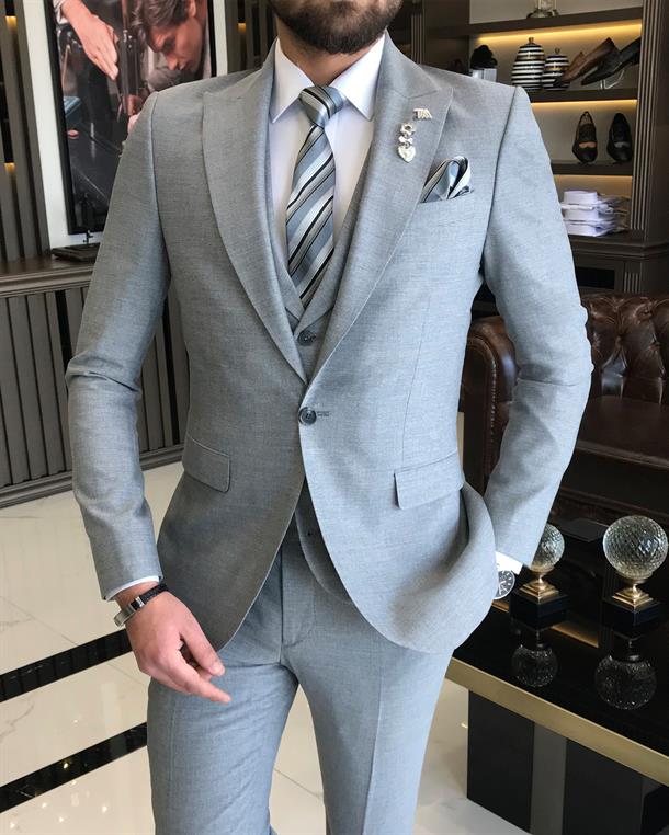 Italian Style Slim Fit Men's Jacket Vest Trousers Suits Gray T9030