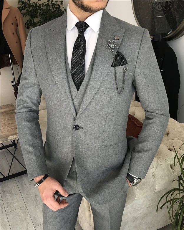 İtalyan stil slim fit erkek ceket yelek pantolon takım elbise Gri T8405