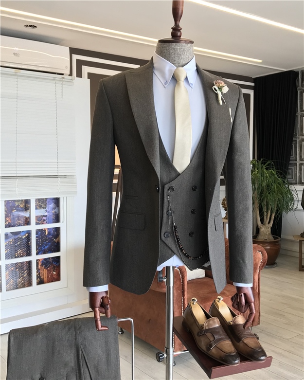 İtalyan stil slim fit erkek ceket yelek pantolon takım elbise Kahverengi T6160
