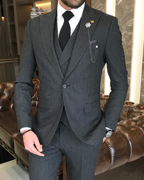 Italian style slim fit men's jacket vest pant suit black T9125