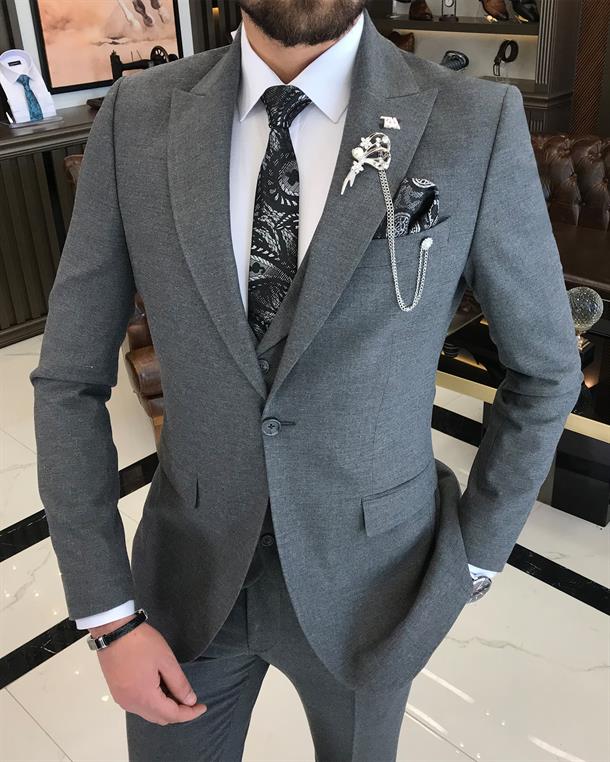 Italian Style Slim Fit Men's Jacket Vest Trousers Suits Gray T9028