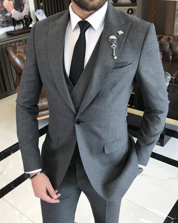 Italian style slim fit men's jacket vest pant suit anthracite T9536