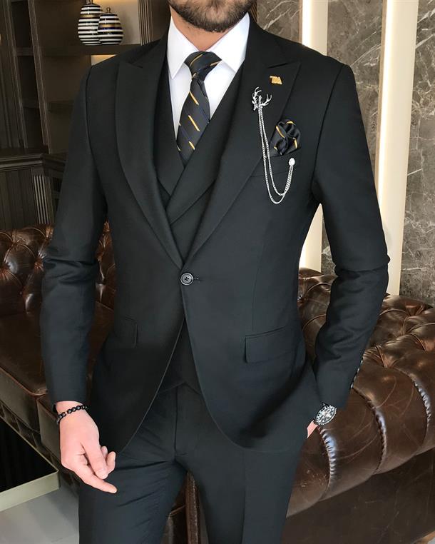Italian style slim fit men's jacket vest pant suit black T9131