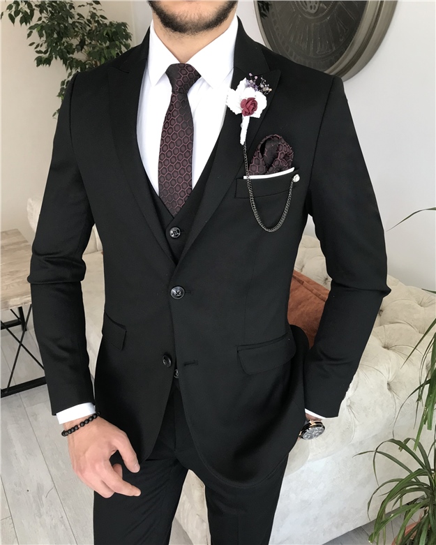 İtalyan stil slim fit erkek ceket yelek pantolon takım elbise Siyah T8256