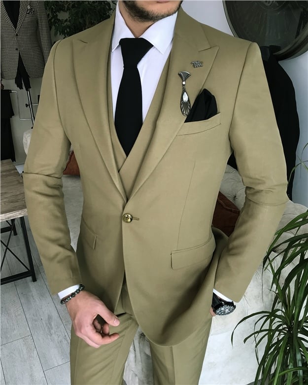 İtalyan stil slim fit erkek ceket yelek pantolon takım elbise Yeşil T8397