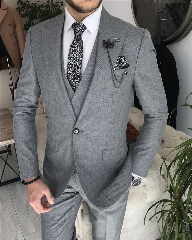 İtalyan stil slim fit erkek ceket yelek pantolon takım elbise Gri T8402