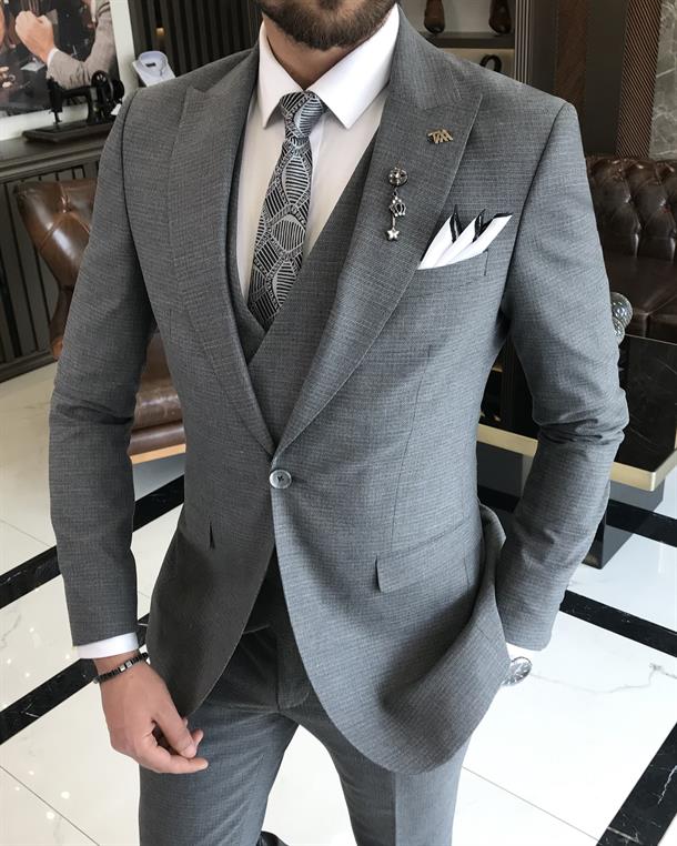 Italian style slim fit men's jacket vest pant suit gray T9535