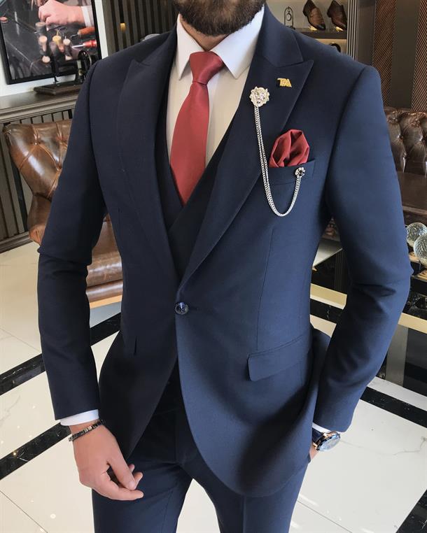 Italian style slim fit men's jacket vest pant suit navy blue T9526
