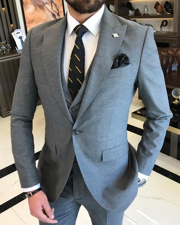 Italian Style Slim Fit Men's Jacket Vest Trousers Suits Gray T9029