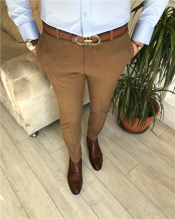 İtalyan stil slim fit erkek çizgili kumaş pantolon Kahverengi T6619