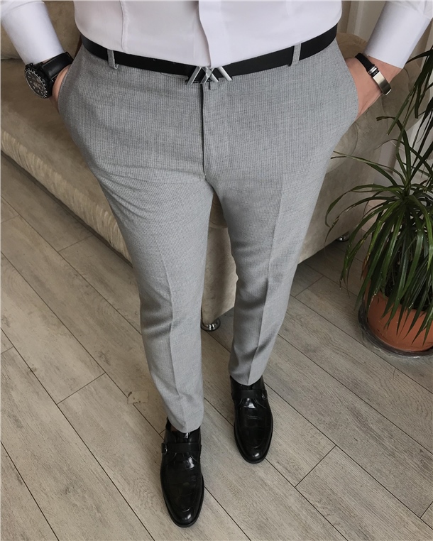 İtalyan stil slim fit erkek çizgili kumaş pantolon Gri T7140