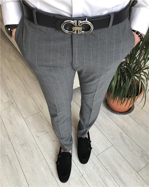 İtalyan stil slim fit erkek çizgili kumaş pantolon Gri T6162
