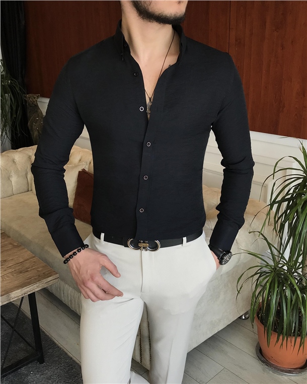 İtalyan stil slim fit erkek dik yaka gömlek siyah T7167