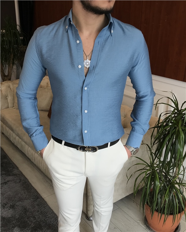 İtalyan stil slim fit erkek dik yaka gömlek mavi T7092
