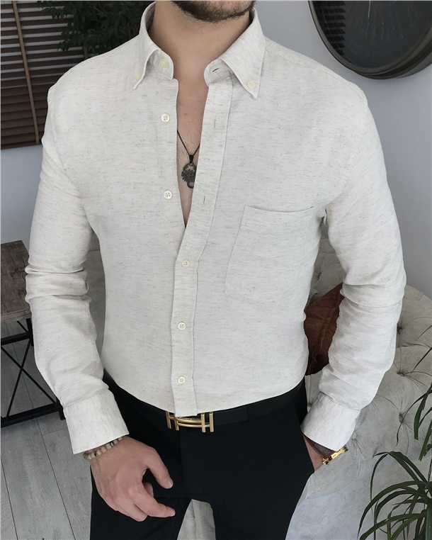 İtalyan stil slim fit erkek dik yaka gömlek Bej T7460