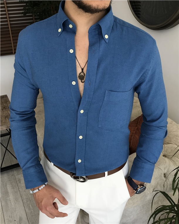 İtalyan stil slim fit erkek dik yaka gömlek Turuncu T7462