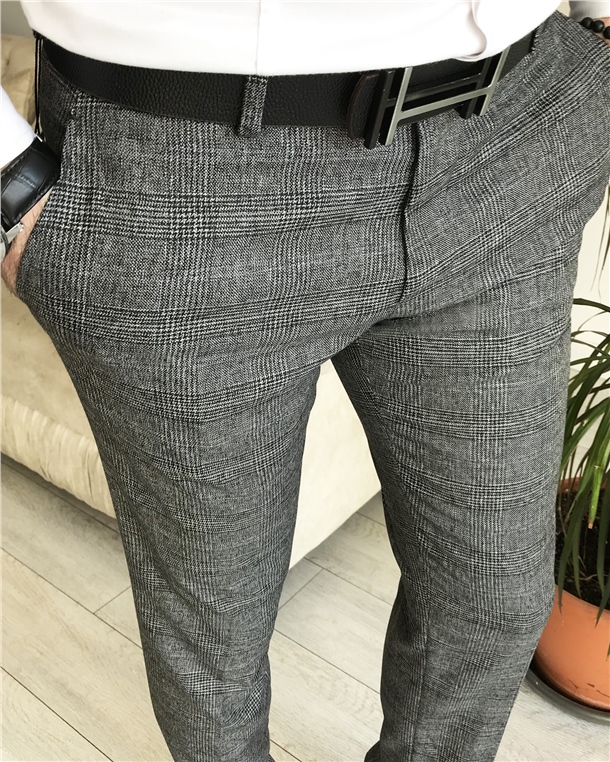 İtalyan stil slim fit erkek ekose pantolon Gri T7997
