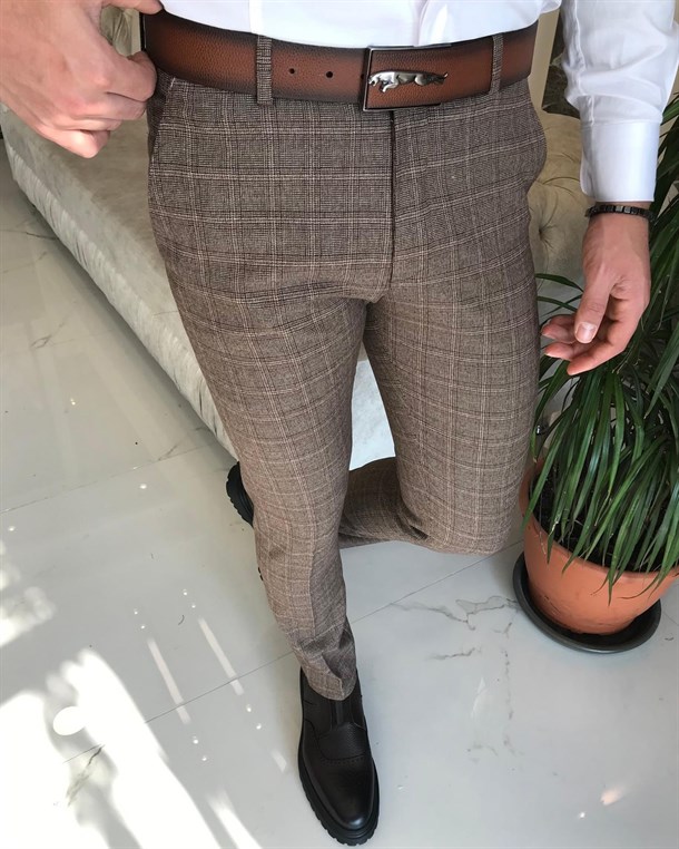 Italian Style Slim Fit Men's Plaid Pants Brown T8268