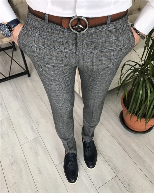 İtalyan stil slim fit erkek ekose pantolon Gri T8253
