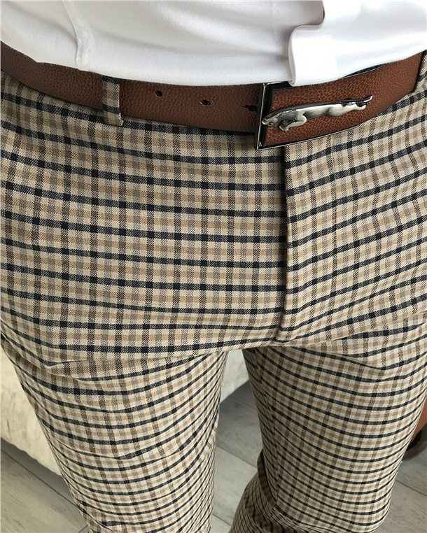 Italian Style Slim Fit Men's Plaid Fabric Pants Multicolored T5244