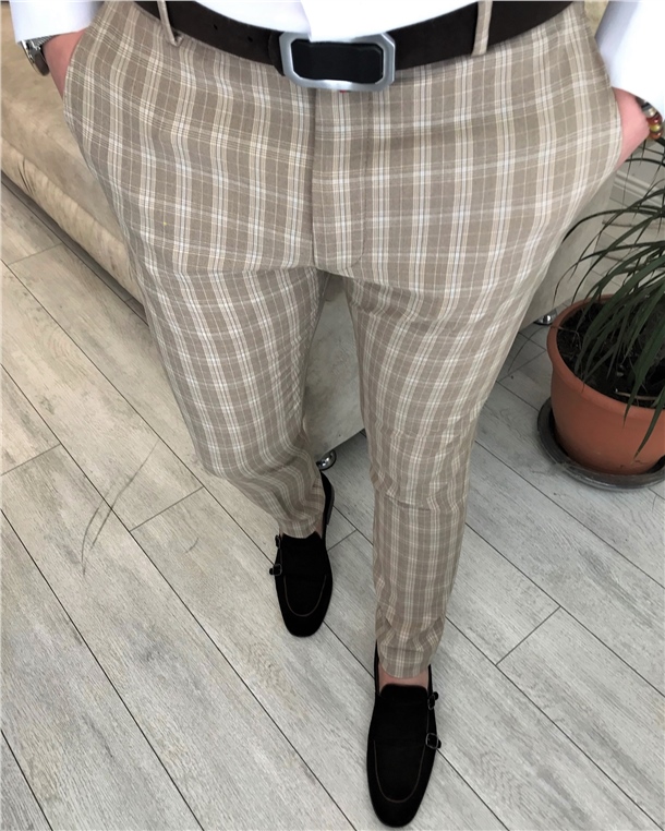 İtalyan stil slim fit erkek ekoseli kumaş pantolon Bej T5484
