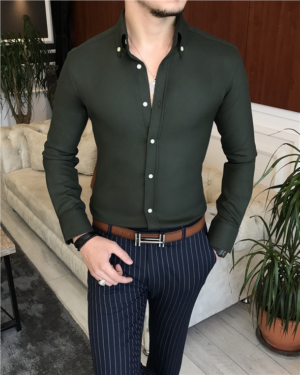 italyan stil slim fit erkek kışlık gömlek yeşil T6715