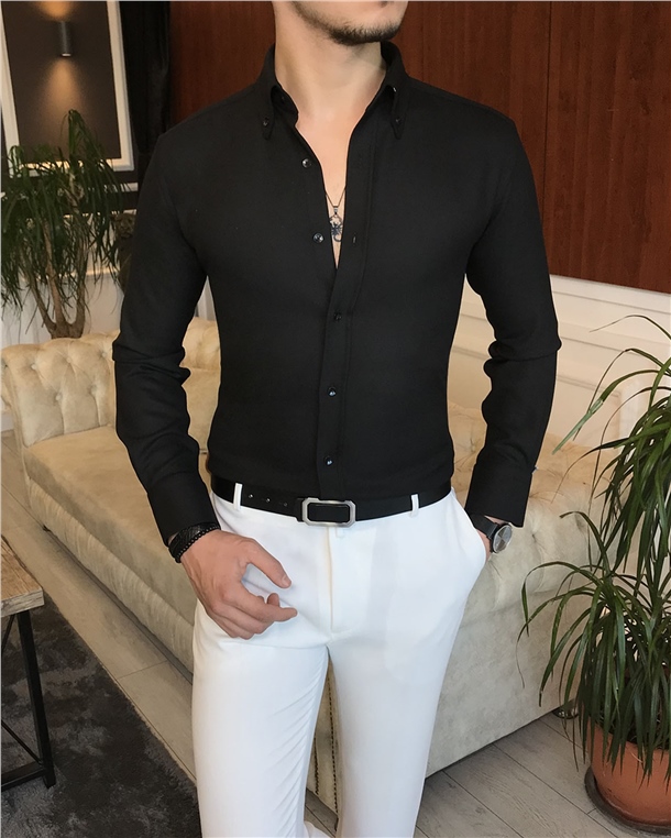italyan stil slim fit erkek kışlık gömlek siyah T6714