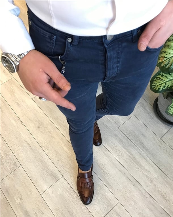 İtalyan stil slim fit erkek kot pantalon Lacivert T5152