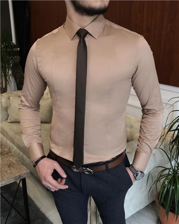 İtalyan stil slim fit erkek kravat yaka gömlek Vizon T6820