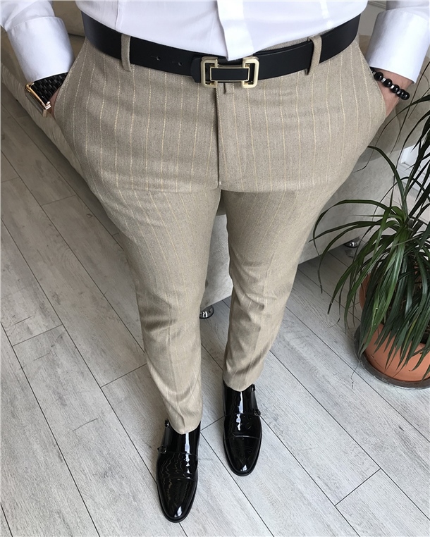 İtalyan stil slim fit erkek kumaş pantolon çizgili camel T6182