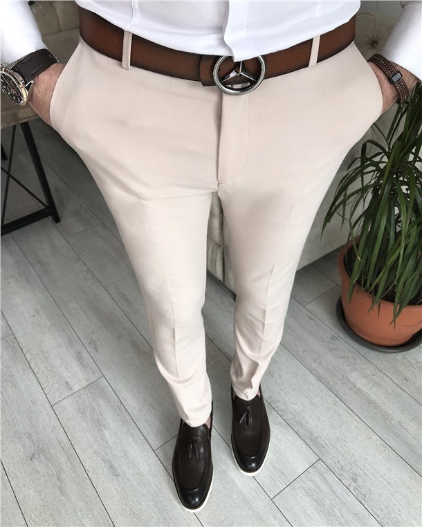 İtalyan stil slim fit erkek kumaş pantolon Krem T7148