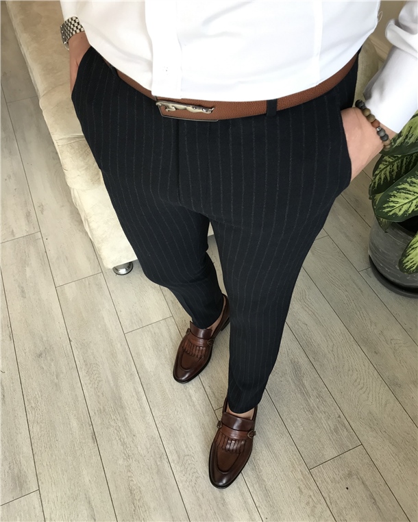 İtalyan stil slim fit erkek kumaş pantolon çizgili Lacivert T4912