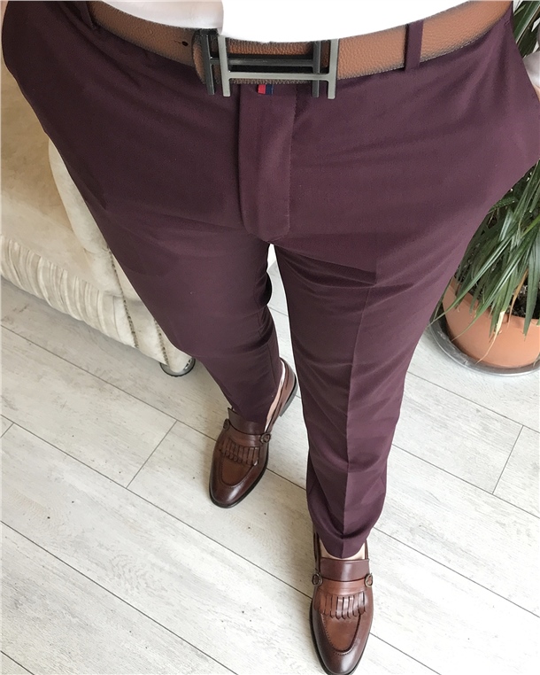 İtalyan stil slim fit erkek kumaş pantolon Bordo T4423