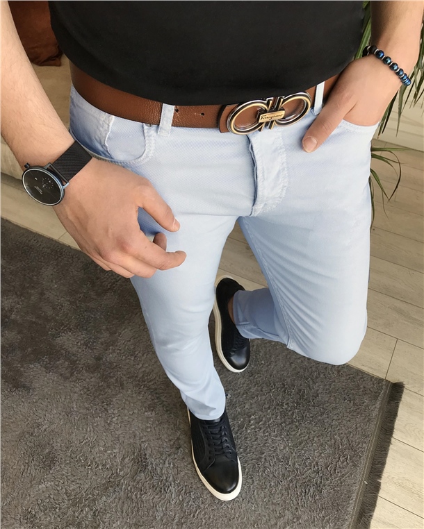 İtalyan stil slim fit erkek likralı kot pantolon Buz Mavisi T7205