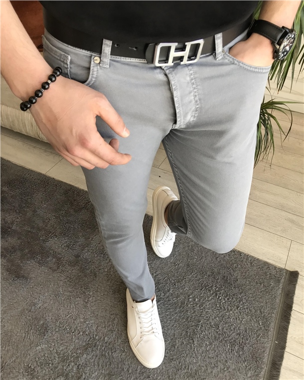İtalyan stil slim fit erkek likralı kot pantolon Gri T7206