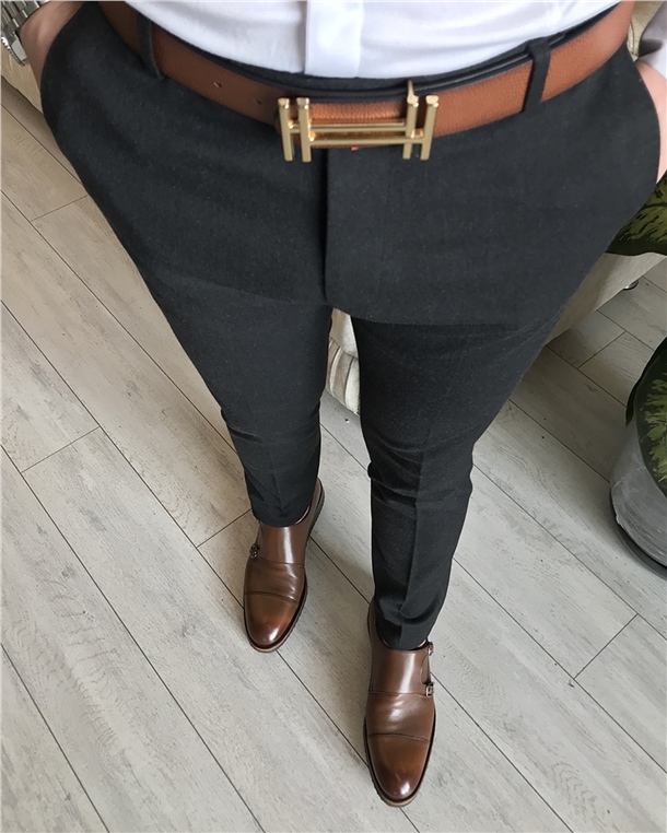 İtalyan stil slim fit erkek likralı kumaş pantolon Antrasit T5198