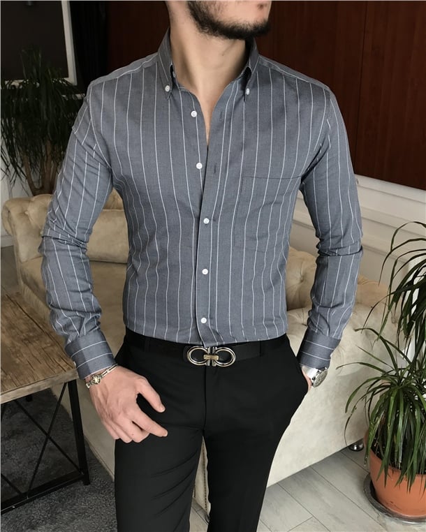 İtalyan stil slim fit erkek pamuklu dik yaka gömlek antrasit T7123