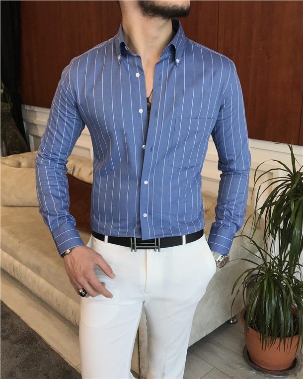 İtalyan stil slim fit erkek pamuklu dik yaka gömlek lacivert T7124