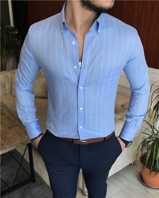 İtalyan stil slim fit erkek pamuklu dik yaka gömlek mavi T7125