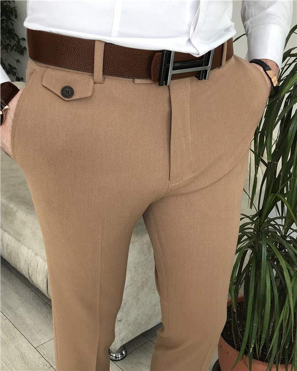 İtalyan stil slim fit erkek pantolon camel T8029