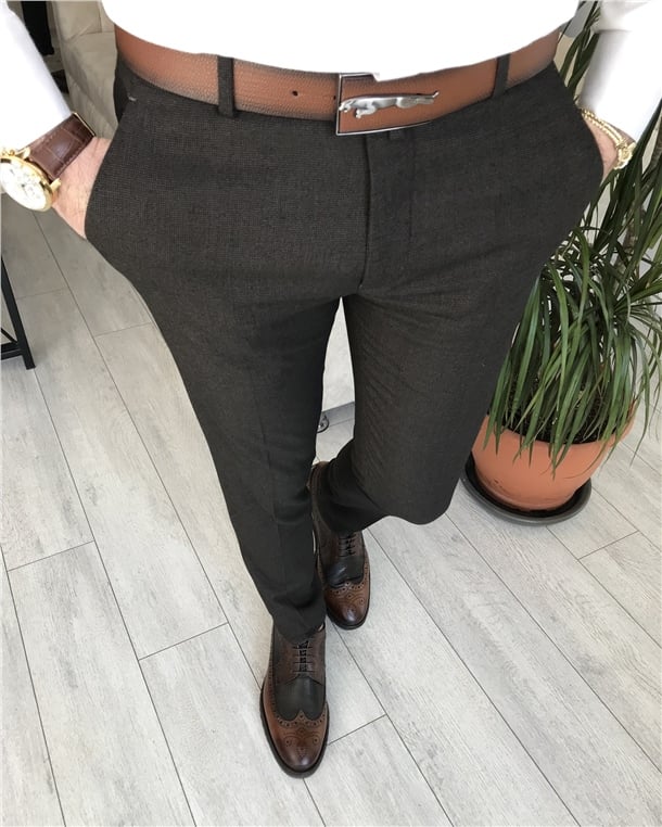 İtalyan stil slim fit erkek pantolon Kahverengi T8251