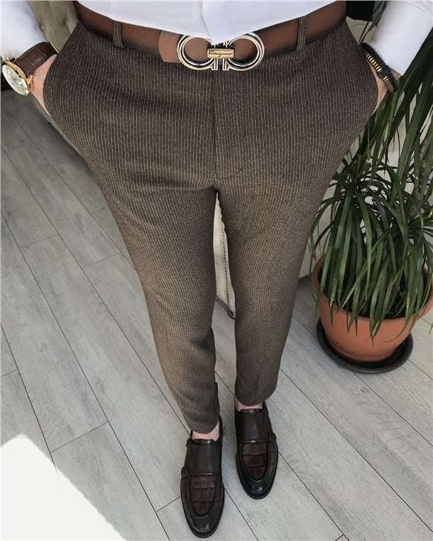 İtalyan stil slim fit erkek pantolon Kahverengi T8011