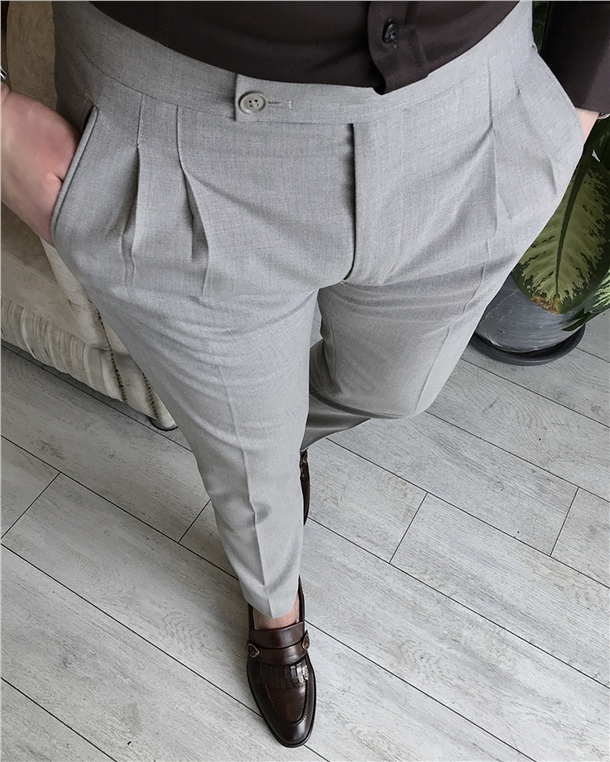 Italian Style Slim Fit Men's Salopete Fabric Pants Beige T5268