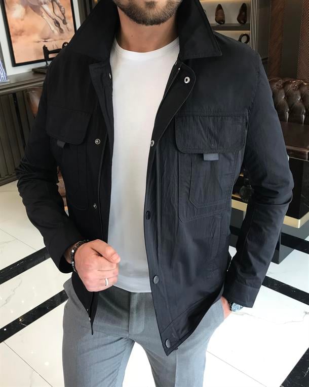 Italian style slim fit shirt collar mens coats black T9604