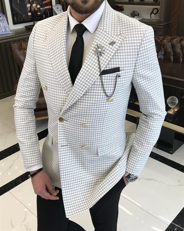 Italian style slim fit crowbar pattern double-breasted men's jacket gray T9542