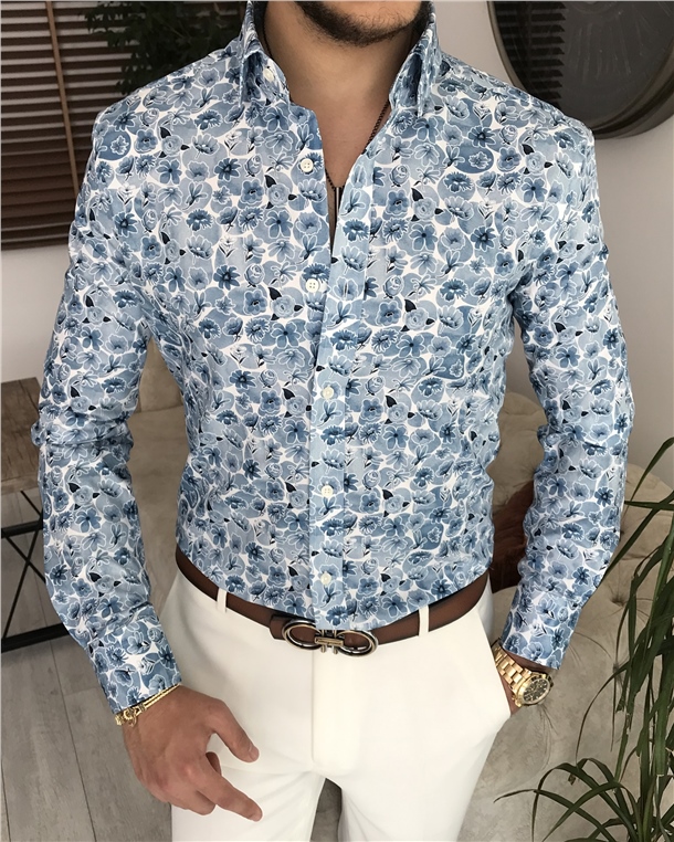 İtalyan stil slim fit kravat yaka erkek desenli pamuk gömlek Mavi T7887