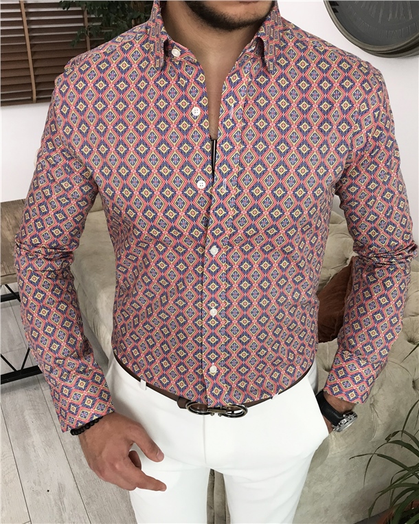 İtalyan stil slim fit kravat yaka erkek desenli pamuk gömlek Çok Renkli T7885