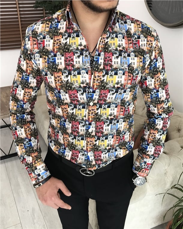 İtalyan stil slim fit kravat yaka erkek desenli pamuk gömlek Çok renkli T7888